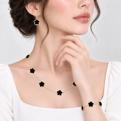 JANKUO Flower 3-Piece 14K Goldplated, Onyx Earring, Bracelet & Necklace Set