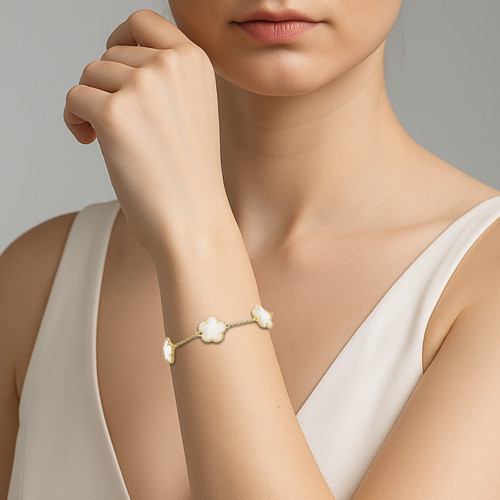 JANKUO 3-Piece Flower 14K Goldplated Onyx,MOP and Tiger eye Station Bracelet Set