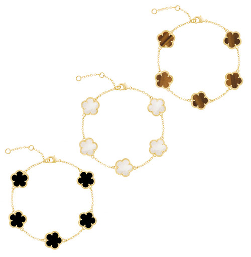 JANKUO 3-Piece Flower 14K Goldplated Onyx,MOP and Tiger eye Station Bracelet Set