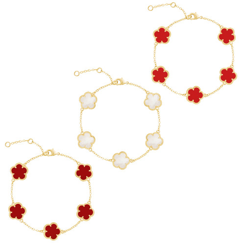 JANKUO Flower 3-Piece 14K Goldplated, Agate, Synthetic Coral Stone & Mother of Pearl Bracelet Set