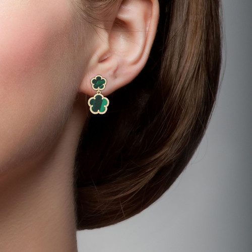 JanKuo Flower 14K Goldplated & Onyx two flower Drop Earrings