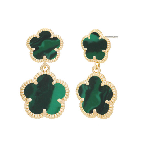 JanKuo Flower 14K Goldplated & Onyx two flower Drop Earrings