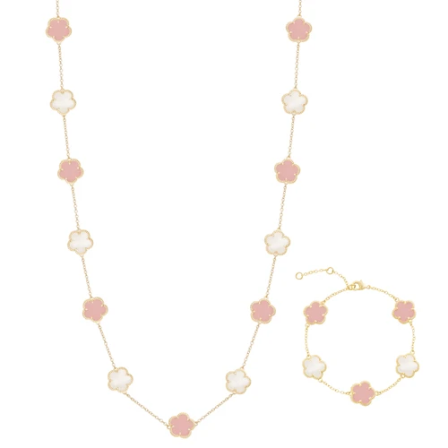 JanKuo Flower 2-Piece 14K Goldplated & Mother Of Pearl Station Necklace & Bracelet Set
