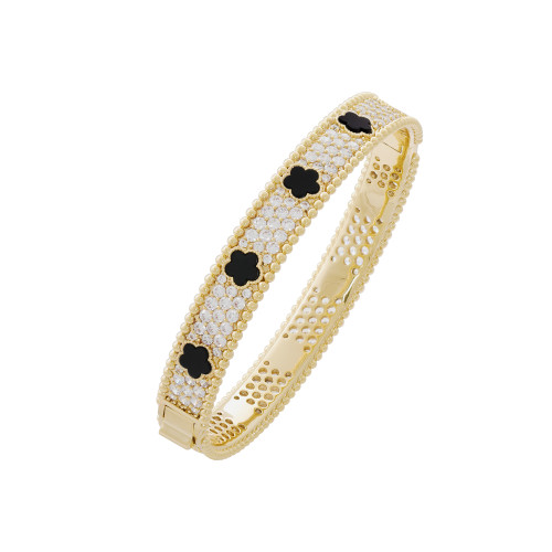 JanKuo Flower 14K Goldplated, Cubic Zirconia & Onyx Bangle Bracelet