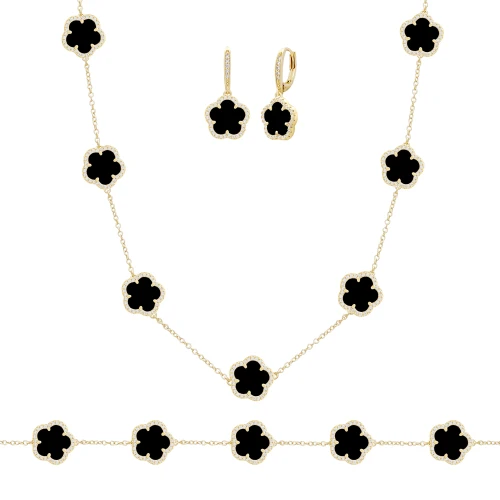 JanKuo 3-Piece 14K Goldplated, Onyx & Cubic Zirconia Necklace, Earrings & Bracelet Set