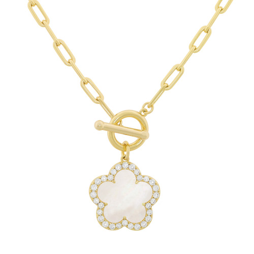 JANKUO Flower 14K Plated Onyx CZ T-Bar Necklace