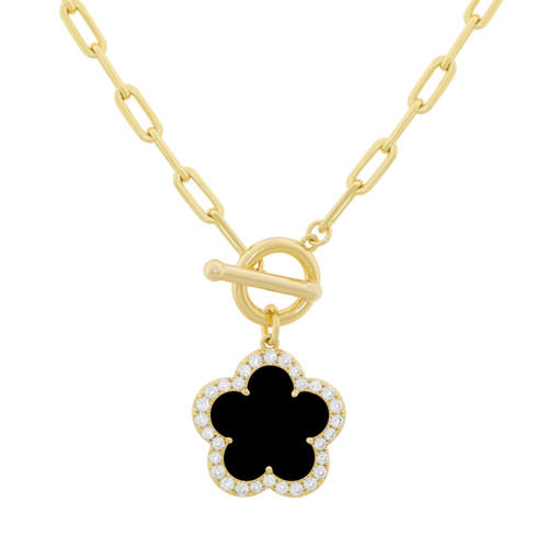 JANKUO Flower 14K Plated Onyx CZ T-Bar Necklace