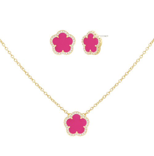 Jankuo Flower 2-Piece 14K Goldplated Fuchsia Color & Cubic Zirconia Necklace & Earrings Set