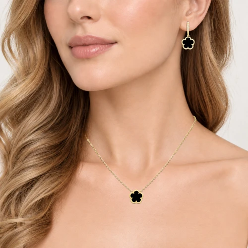 JANKUO Flower 14K Plated Onyx Earrings & Necklace Set