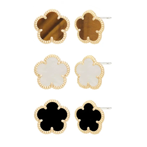 JanKuo Flower 3-Piece 14K Goldplated Stud Earrings
