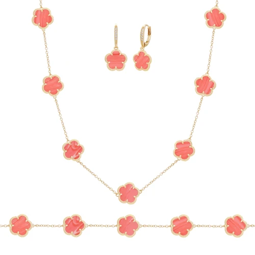 JANKUO Flower 3-Piece 14K Goldplated, Red Lace Earring, Bracelet & Necklace Set