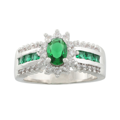 JanKuo C.Z. Halo Emerald with Baguette Engagement Ring