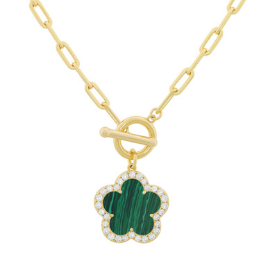 JANKUO Flower 14K Plated Onyx CZ T-Bar Necklace