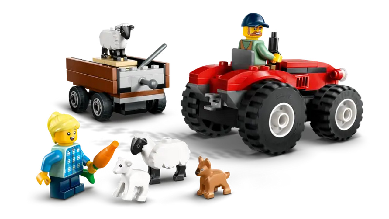 Red Farm Tractor With Trailer And Sheep