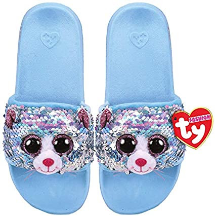 Whimsy Blue Cat Sequin Slides Medium