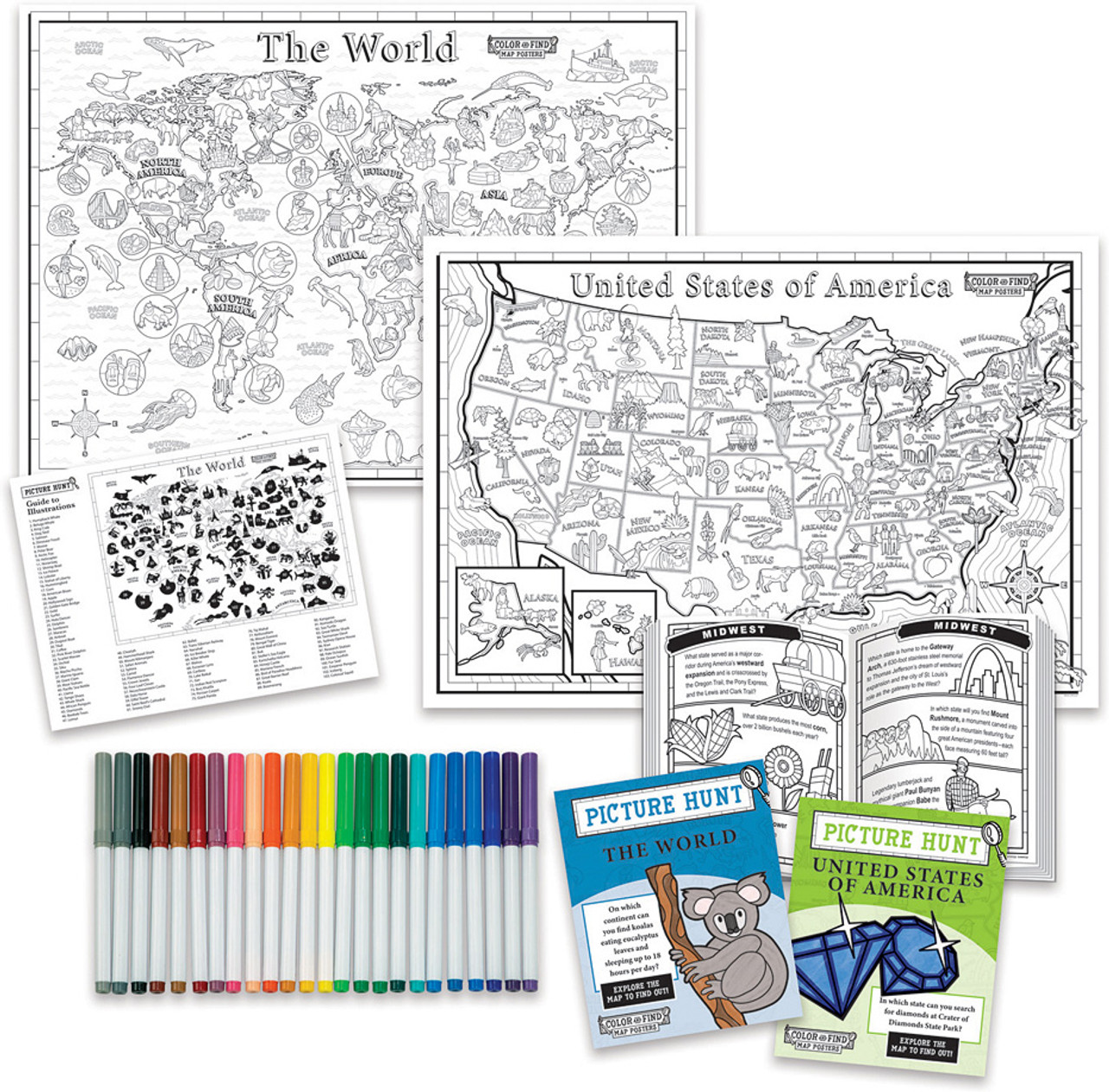 Color and Find Map Posters: USA and World 3