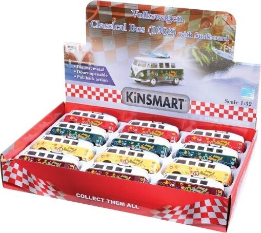 1962 Volkswagen Kombi Van Bus Toy – 1:32 Scale W/ Surfboard & Diecast Parts – Kinsmart