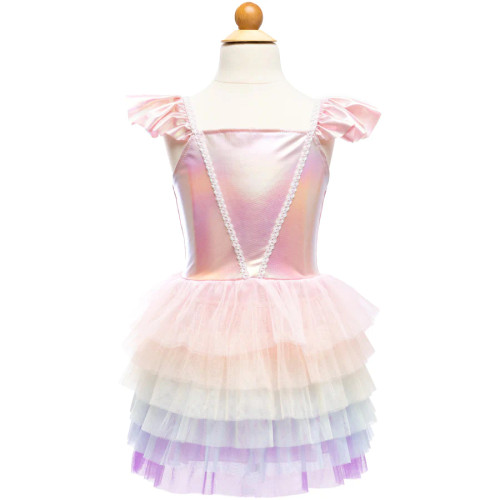 Put a smile on your little one's face with our NEW Rainbow Ruffle Tutu Dress. With a metallic iridescent spandex top and a rainbow tulle skirt made with layers of purple, blue, green, pink, and yellow tulle, this dress is sure to make your little one feel like royalty from head to toe. It's sure to be a favorite piece in their wardrobe!