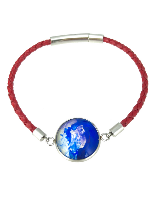 Braided Leather Bracelet with Stainless Steel Art Charm. Bayonet Stainless Steel Lock