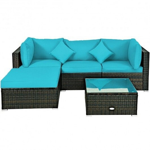 5 Pcs Outdoor Patio Rattan Furniture Set Sectional Conversation with Navy Cushions-Turquoise - Colo