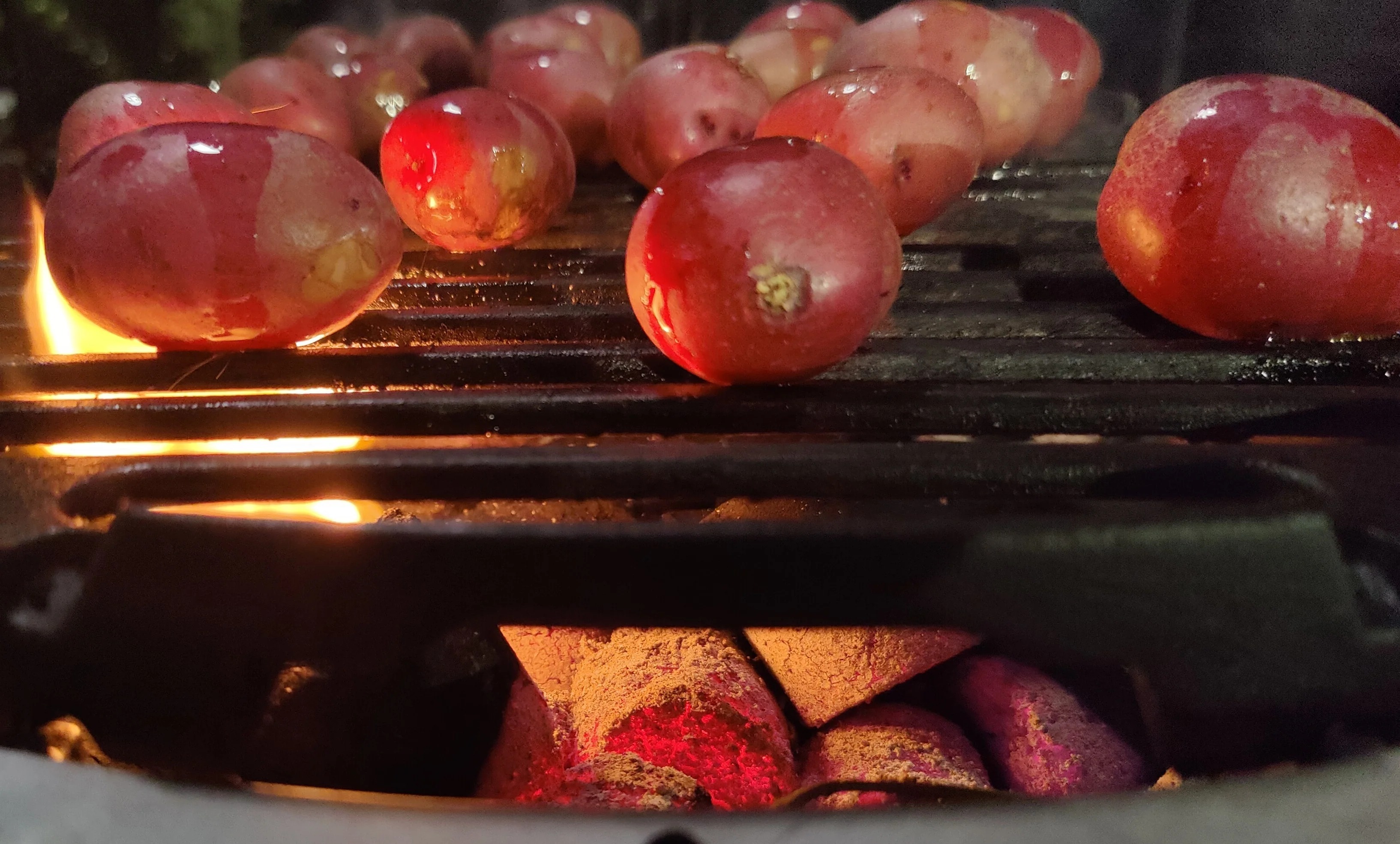 Vegetables grilling over glowing Coco-BBQ coconut shell charcoal