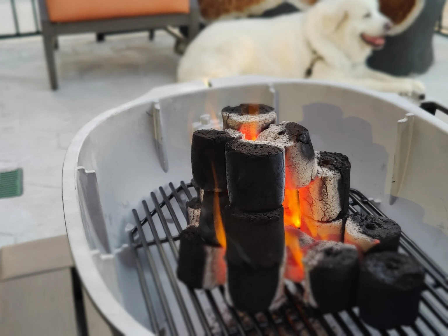 Cylindrical coconut charcoal glowing on an outdoor grill