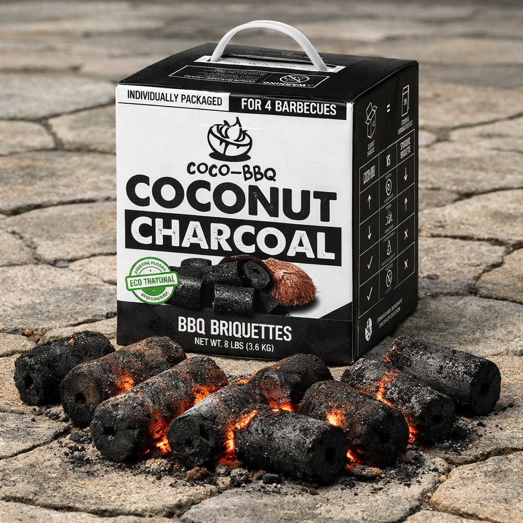 Coco-BBQ coconut shell charcoal burning on a grill grate