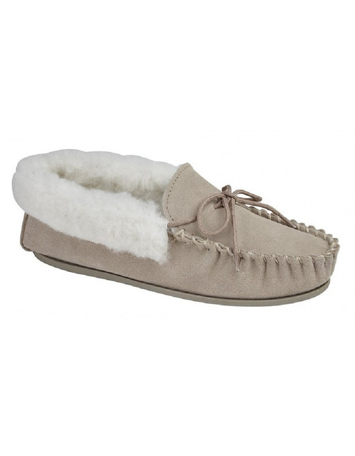 LS338 Stone Leather Moccasin Slipper Real Wool Lining