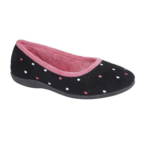 LS343 Ladies Black Comfort Memory Foam Dotted Ballerina Slippers