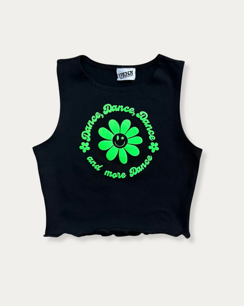 Happy Flower Crop Tee - Black w/Green