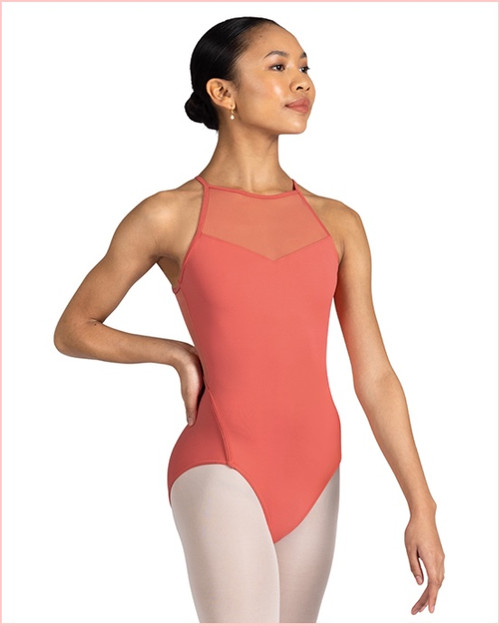 Cassia High Neckline Open Back Leotard - Coral