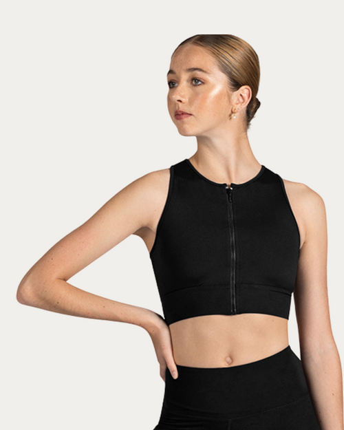 Kya Zip Front Mesh Back Crop Top - Black