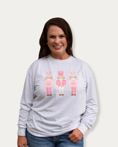 Blushing Nutcracker Long Sleeve Crew Neck T-Shirt - Heathered White