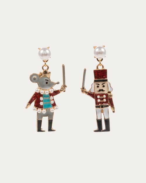 Nutcracker and Mouse King Pearl Dangle Earrings - Red