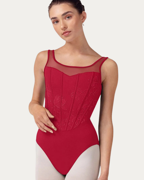 Bloch Corset Embroidered Tank Adult Leotard - Cherry Red