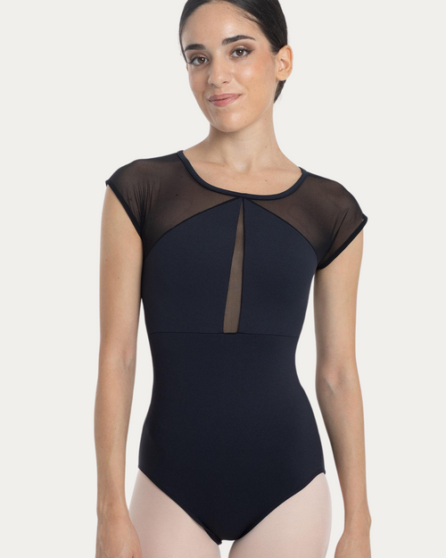 Intermezzo Cap Sleeve Mesh Detailed Leotard - Black