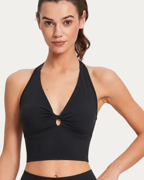 Suzie Twist-Front Halter Sports Bra - Black