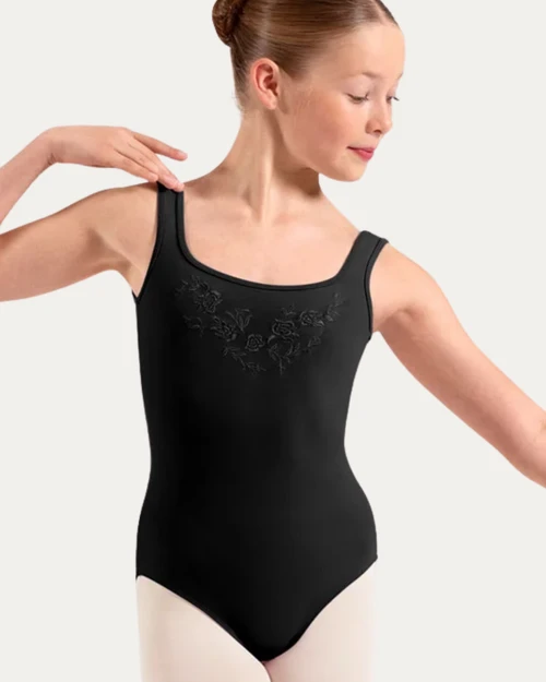 Bloch Floral Embroidered Youth Tank Leotard with Mesh Back - Black