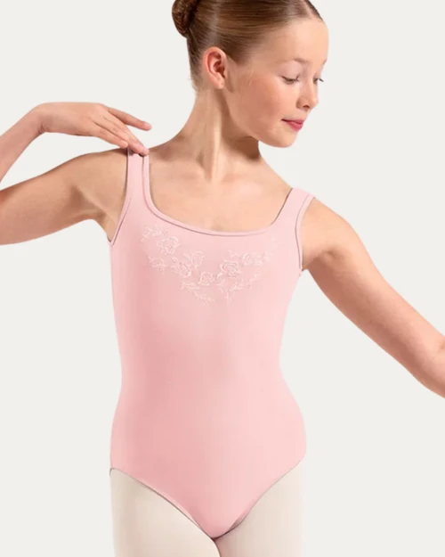 Bloch Floral Embroidered Youth Tank Leotard with Mesh Back - Pink