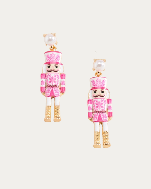 Vintage Nutcracker & Pearl Dangle Earrings - Pink