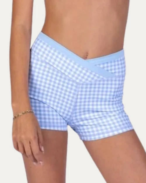 XoDanceCo Gingham V-Waist Youth Short - Powder Blue