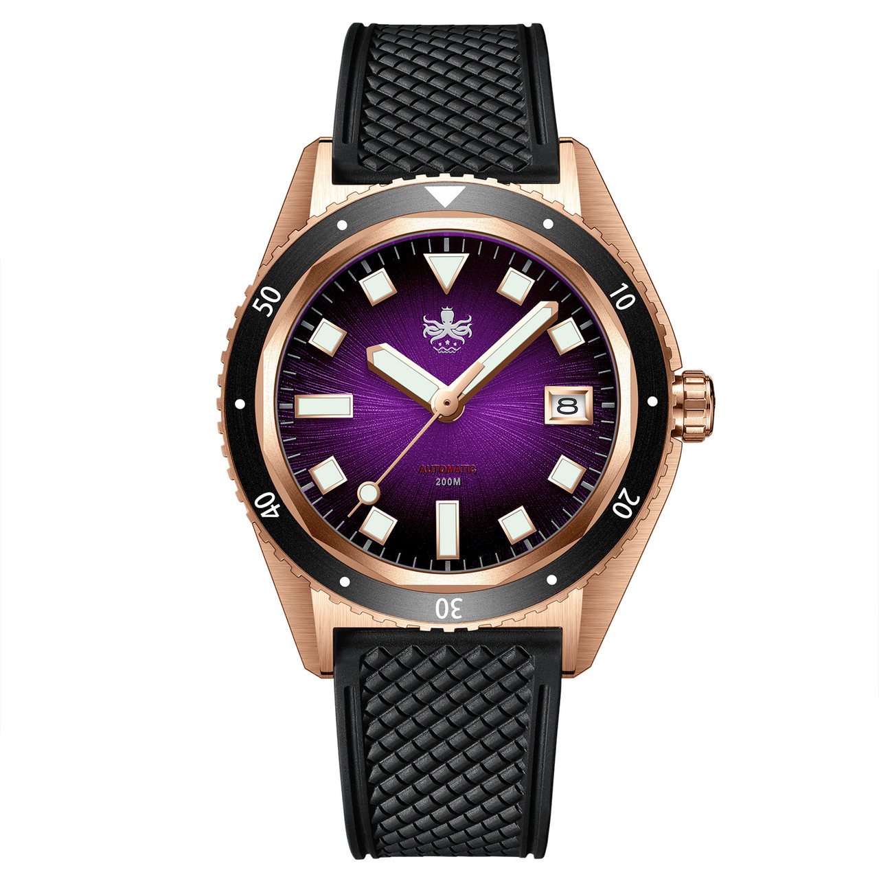 PHOIBOS Argo Bronze 200M Automatic Diver Watch PY057H Spiral Sunray Purple