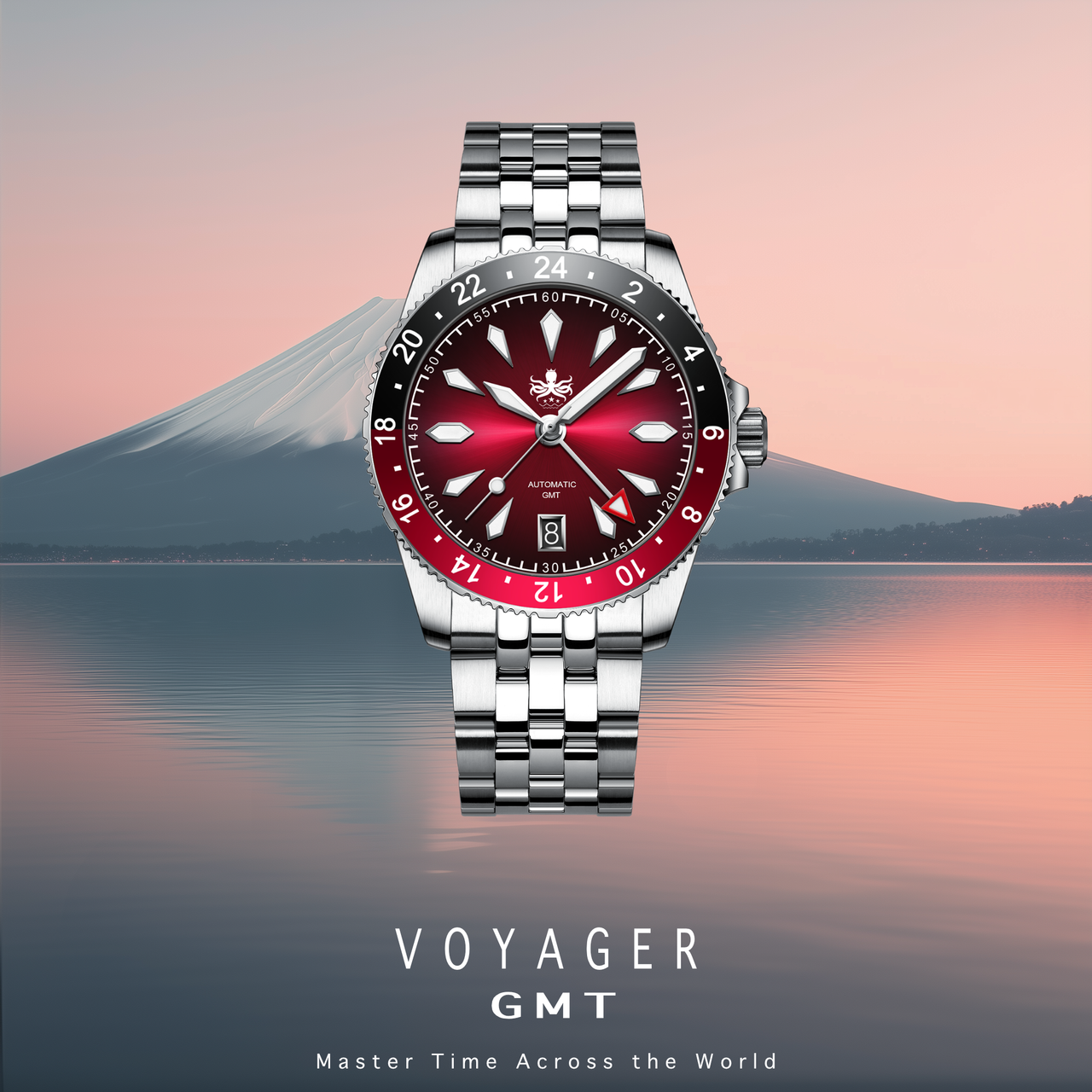 PHOIBOS Voyager GMT 100M Automatic Diver Watch PY058D Burgundy Red
