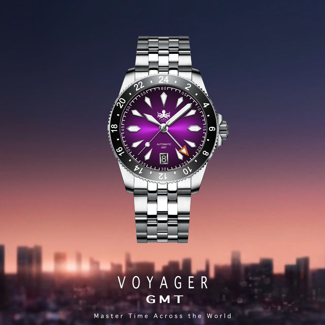 PHOIBOS Voyager GMT 100M Automatic Diver Watch PY058H Royal Purple