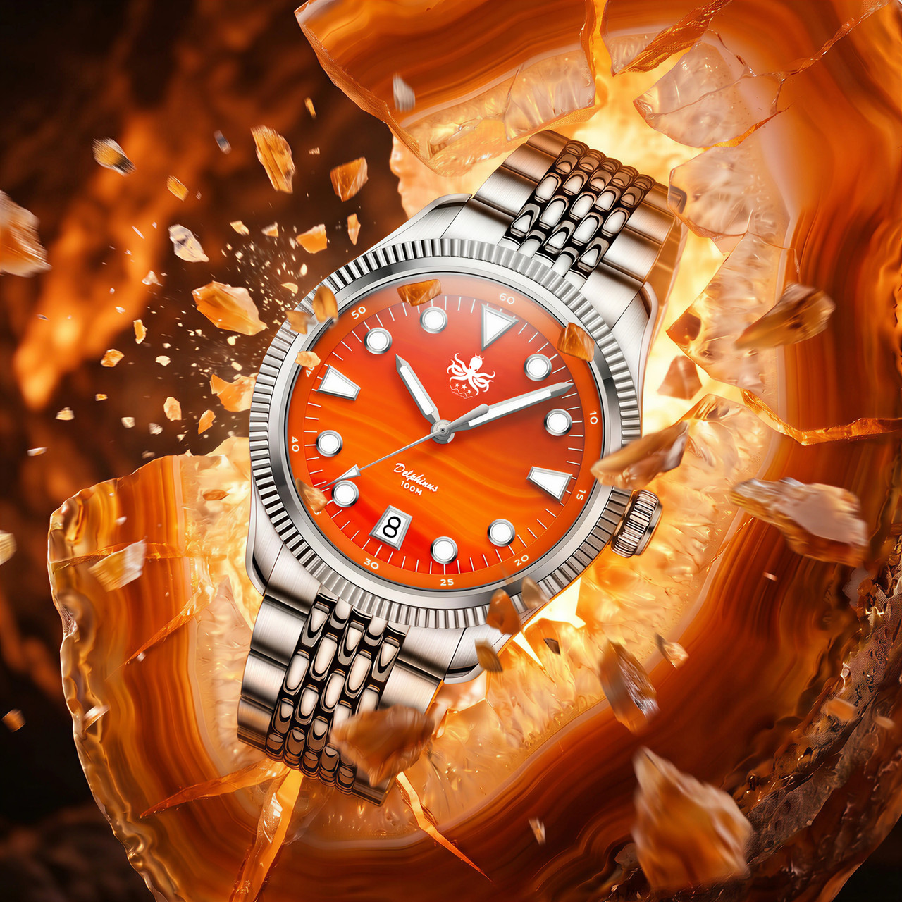 PHOIBOS Delphinus 100M Automatic Watch PY066F Orange Agate