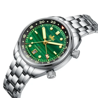 PHOIBOS EAGLE RAY TRAVELER GMT 150M Automatic Compressor Diver Watch PY067A Malachite