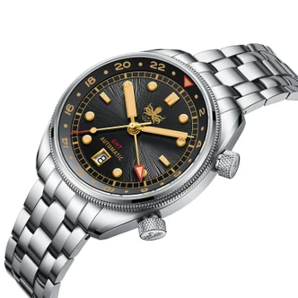PHOIBOS EAGLE RAY TRAVELER GMT 150M Automatic Compressor Diver Watch PY067C Sunray Black&Gold