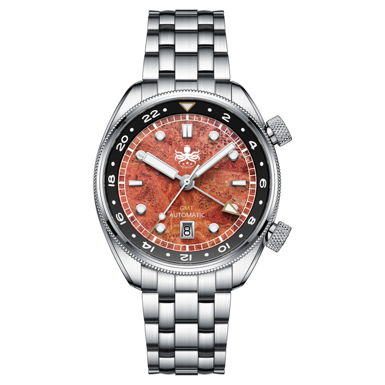 PHOIBOS EAGLE RAY TRAVELER GMT 150M Automatic Compressor Diver Watch PY067E Madreporic Coral