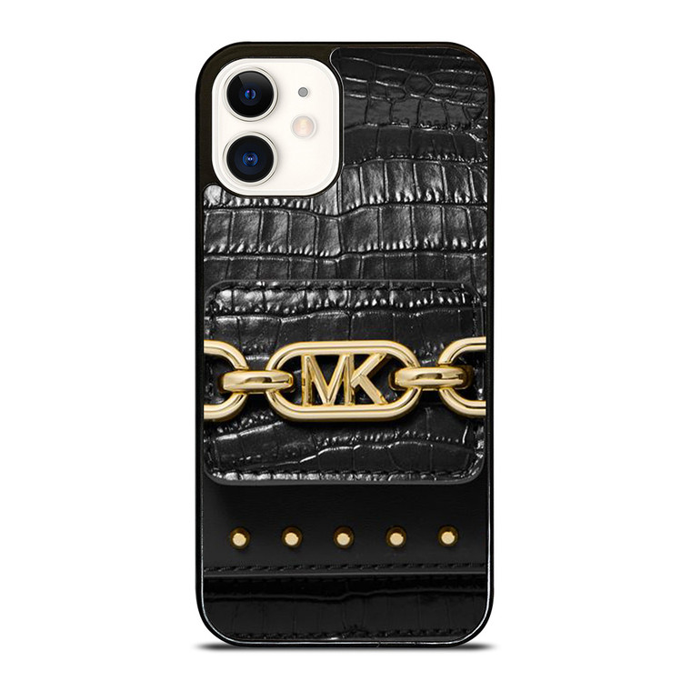 MICHAEL KORS MK LOGO BLACK LEATHER HAND BAG iPhone 12 Case Cover
