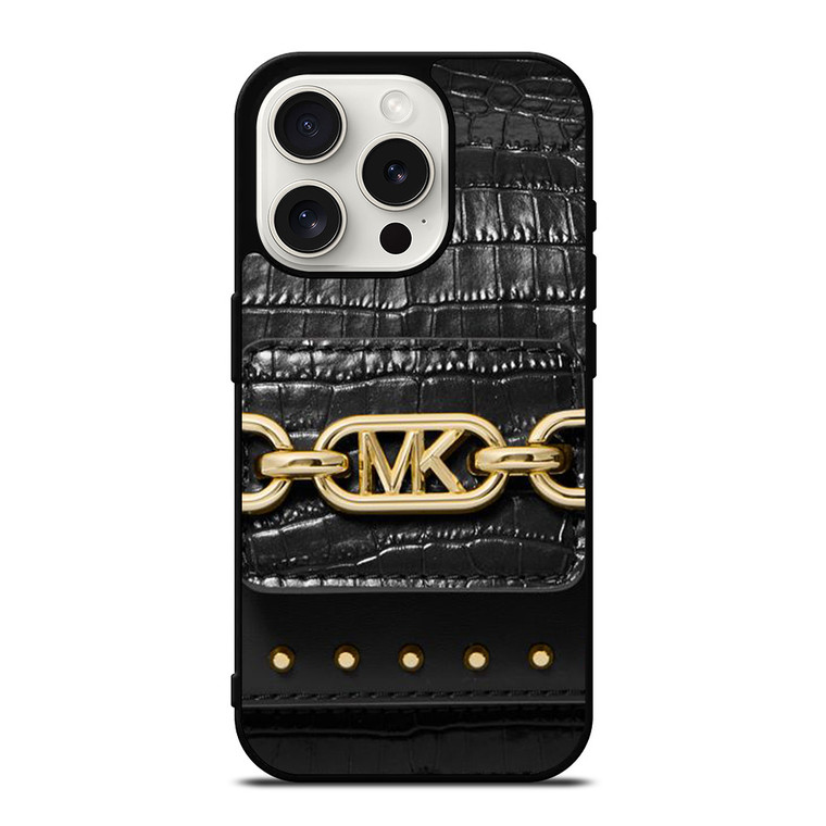 MICHAEL KORS MK LOGO BLACK LEATHER HAND BAG iPhone 15 Pro Case Cover
